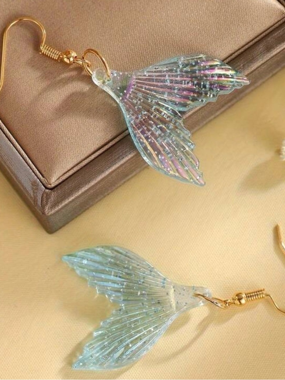Gold Hook Iridescent Mermaid Tail Earrings in Pink & Blue - Picture 3 of 7